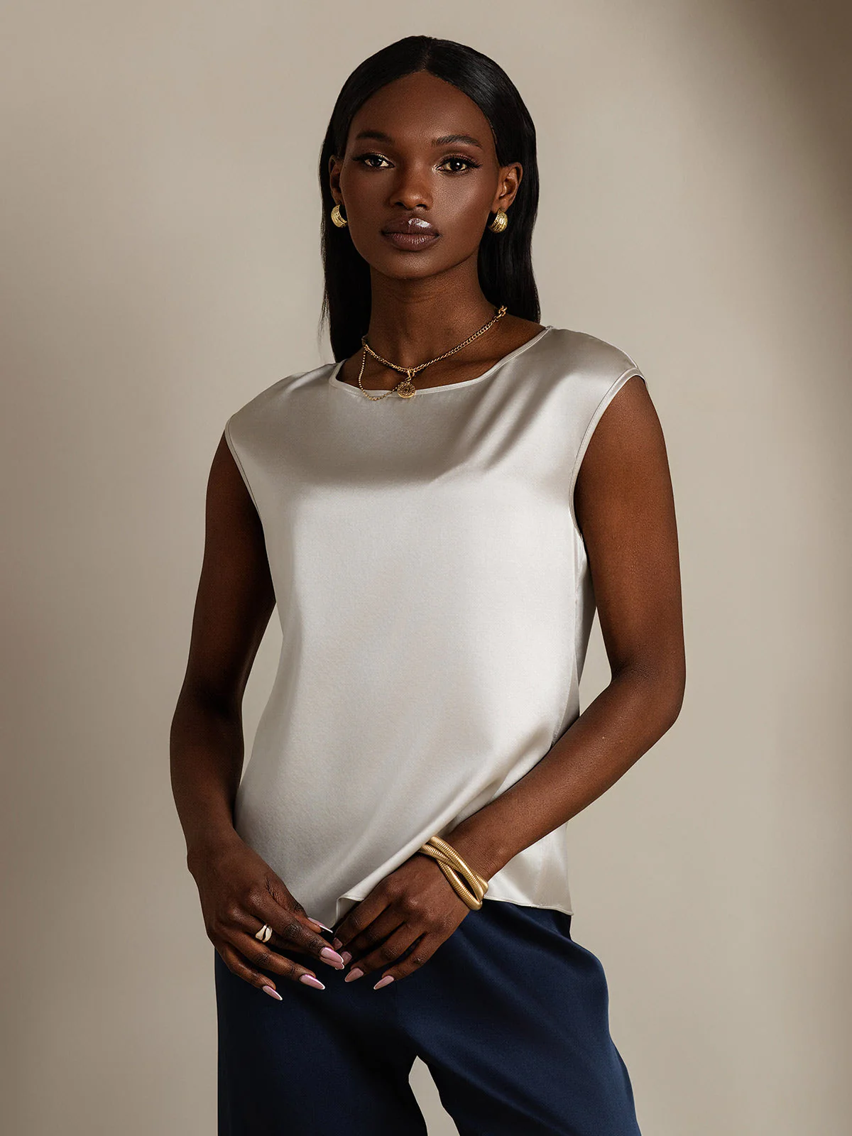 19Momme mulberry Silk Cap Sleeve Round Neck Women's Top 11 19Momme mulberry Silk Cap Sleeve Round Neck Women's Top - Image 11