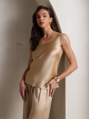 100% mulberry Silk Sleeveless U-Neck Tank Top & Wide Leg Pants Set