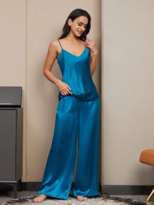 100% mulberry Silk Spaghetti Strap V Neck Cami & Wide Leg Pants Set