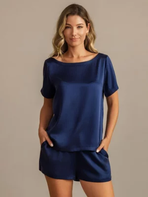 mulberry Silk 19Momme Women's Short Sleeve Round Collar Pajamas Set with Side Pocket Design