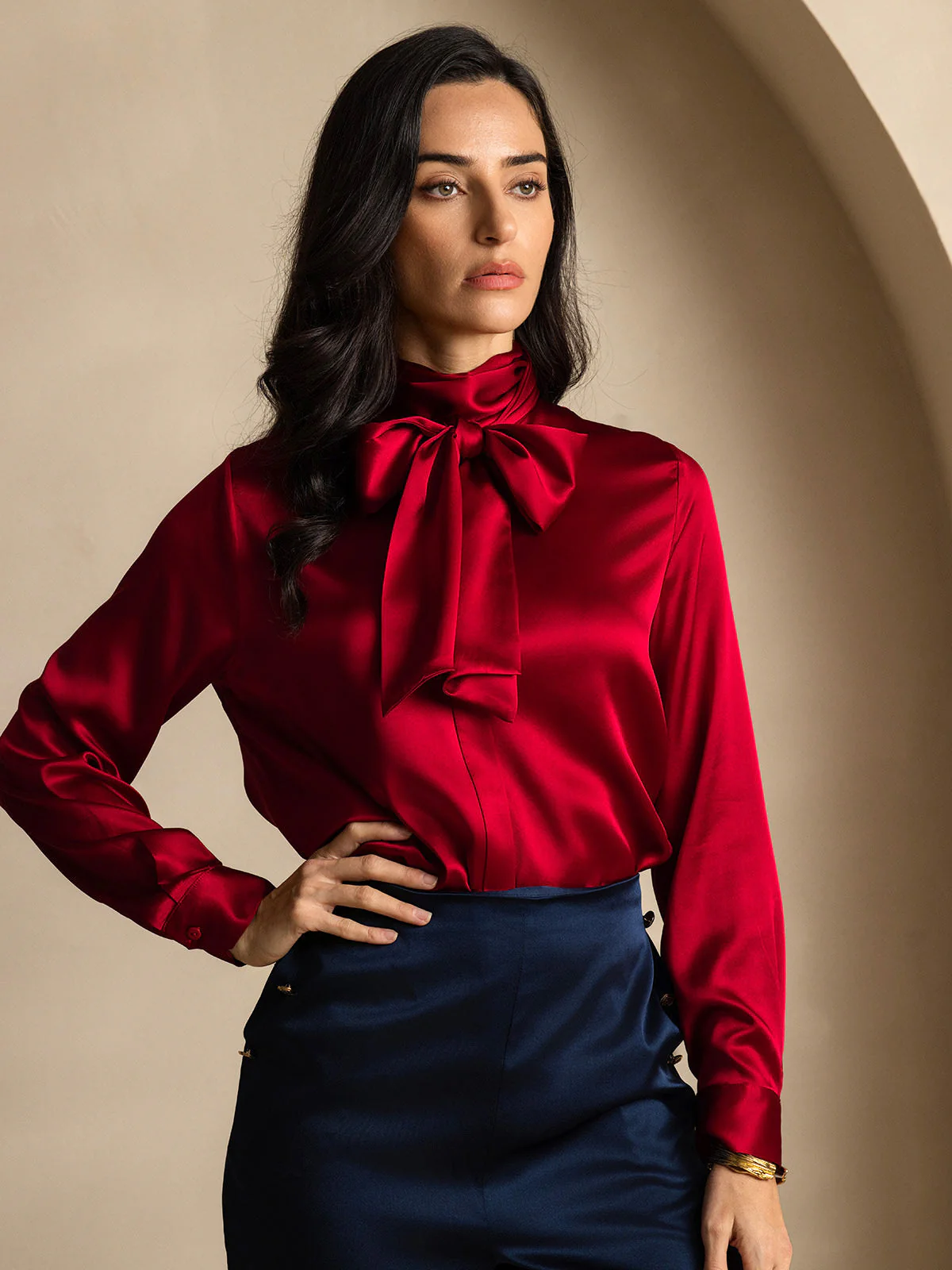 19 momme mulberry Silk Long Sleeve High Neck Bow Tie Blouse - Image 6