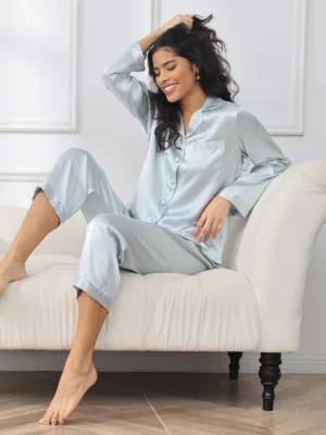 100% Mulberry Silk Women's Pure color Silk Long Sleeve Pajamas Set