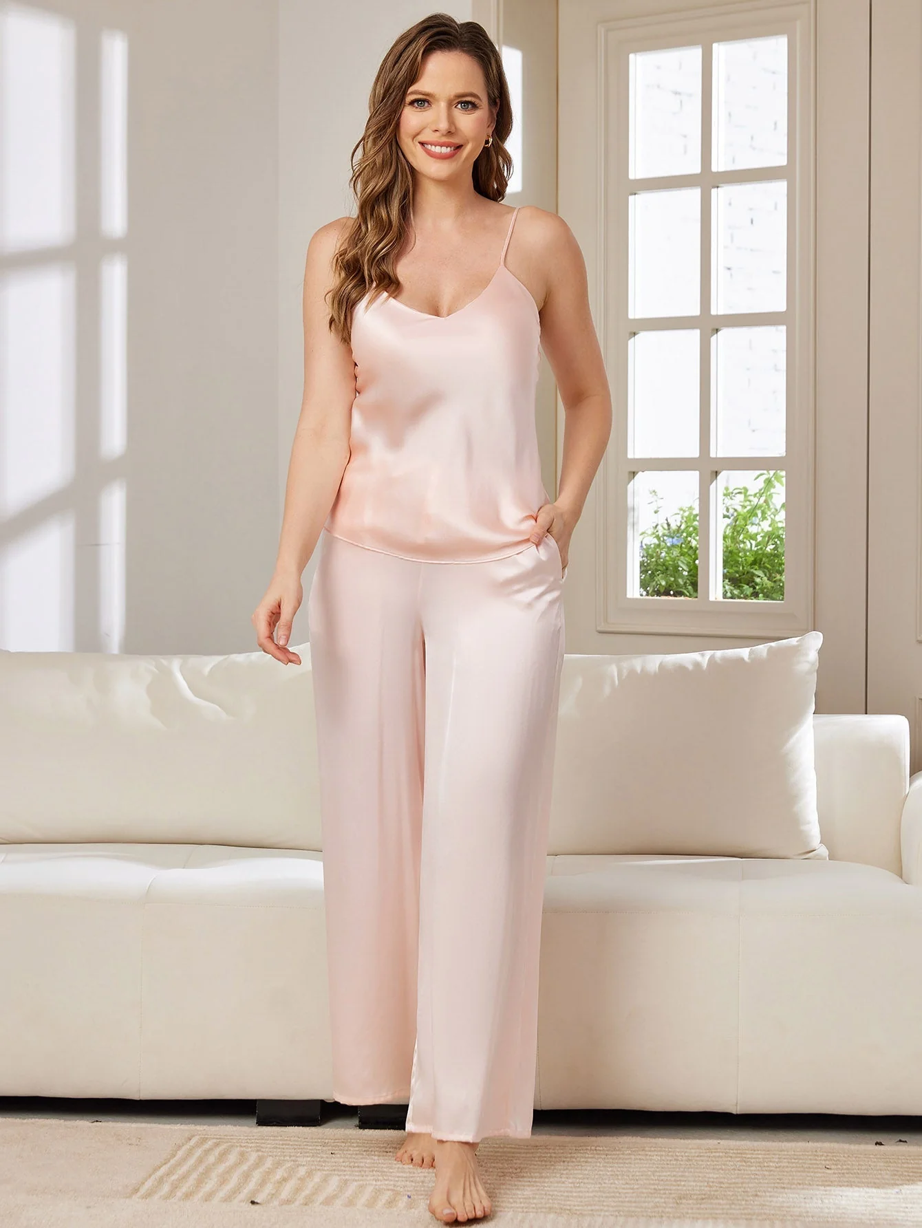 100% mulberry Silk Spaghetti Strap V Neck Cami & Wide Leg Pants Set 2 100% mulberry Silk Spaghetti Strap V Neck Cami & Wide Leg Pants Set - Image 2