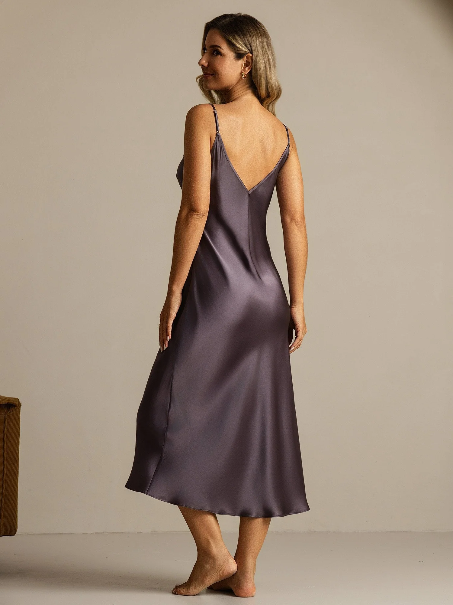 100% mulberry Silk Spaghetti Strap Long Nightgown with Lace Split Design 2 100% mulberry Silk Spaghetti Strap Long Nightgown with Lace Split Design - Image 2