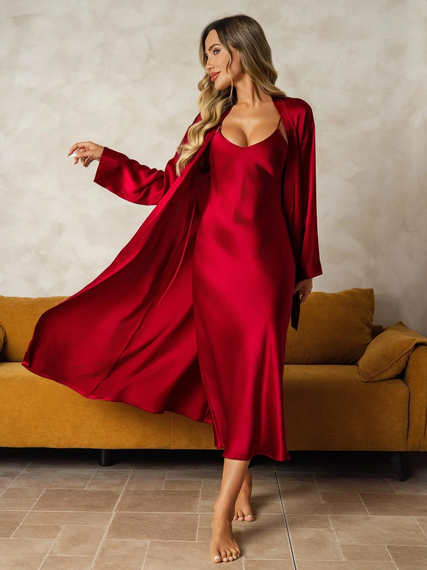 100% mulberry Silk charmeuse V-Neck Midi Nightgown & Robe Set 2Pcs 2 100% mulberry Silk charmeuse V-Neck Midi Nightgown & Robe Set 2Pcs - Image 2