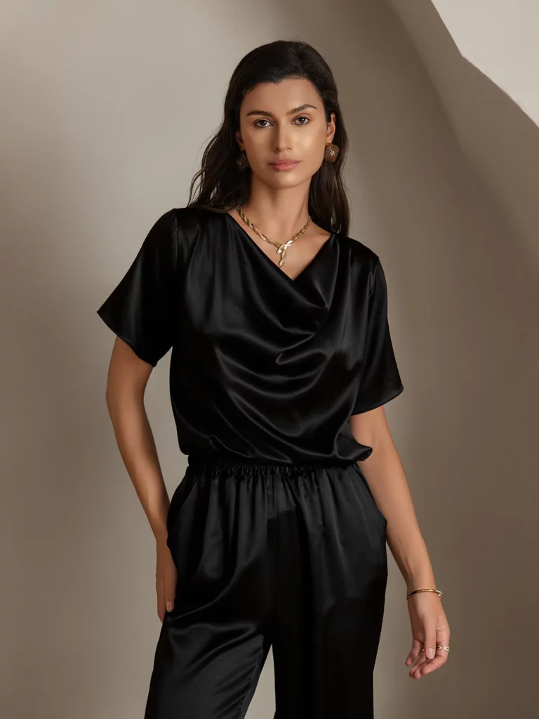 19Momme Women’s mulberry Silk Short Sleeve Cowl Neck T-Shirt