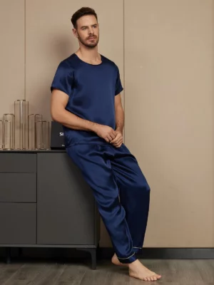 100% mulberry Silk Short Sleeve Round Neck Men's Pajamas Set with Pants