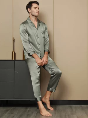 19Momme mulberry Silk Men's Long Sleeve Notch Collar Pajamas Set