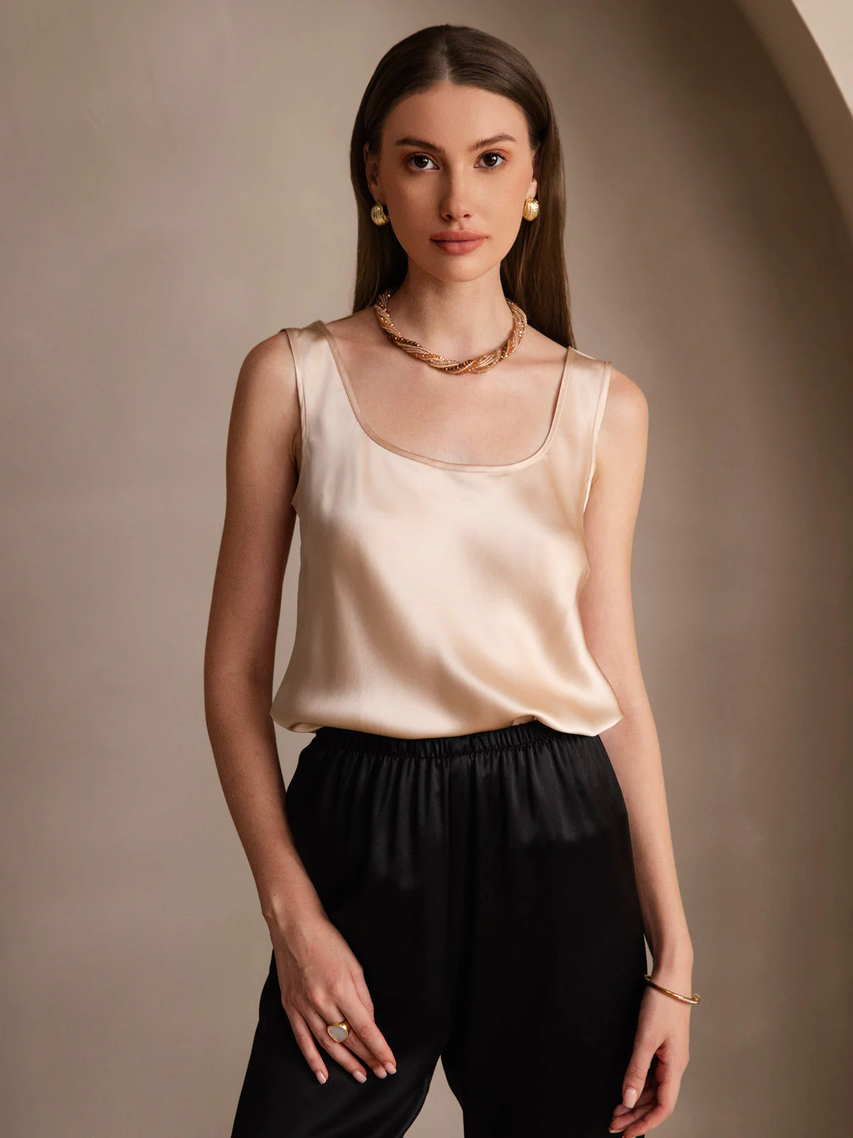 Women's 19Momme Silk Sleeveless U Neck Satin Tank Top 1 Women's 19Momme Silk Sleeveless U Neck Satin Tank Top