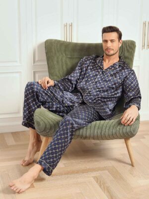 100% mulberry Silk Navy Chain Print Long Sleeve Men's Pajamas Set With Pants