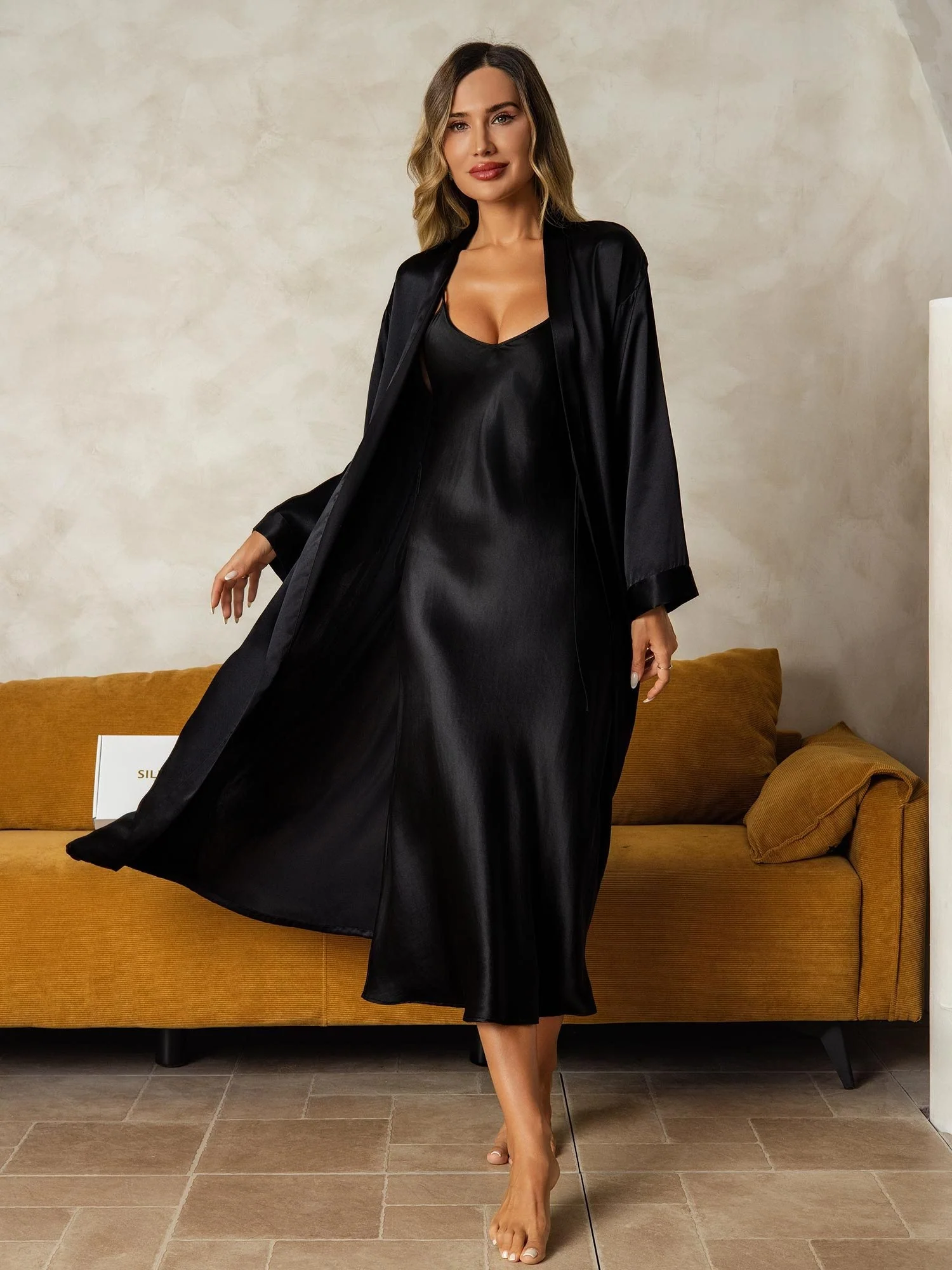 100% mulberry Silk charmeuse V-Neck Midi Nightgown & Robe Set 2Pcs 7 100% mulberry Silk charmeuse V-Neck Midi Nightgown & Robe Set 2Pcs - Image 7